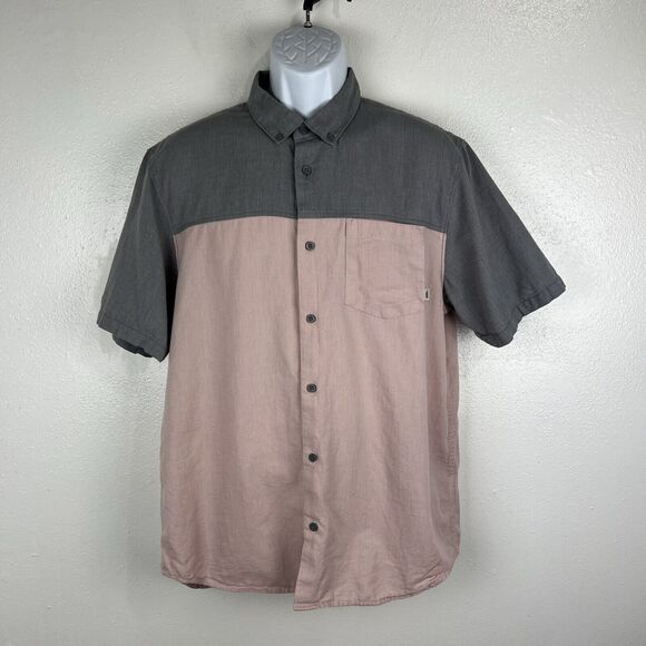 Vans Button Up Shirt Men Large Grey Peach Short Sleeve Casual Top Off The Wall - Picture 12 of 13
